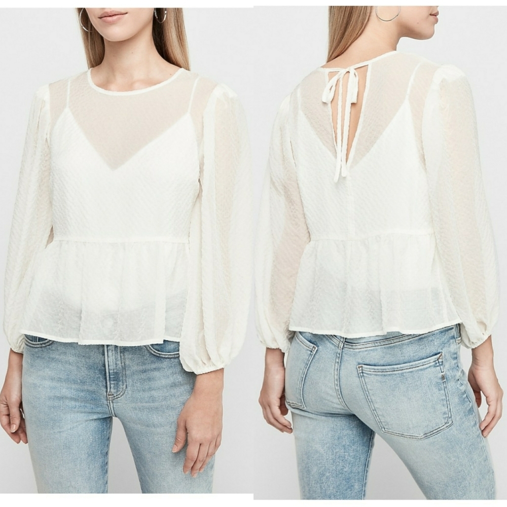 Express Sheer Balloon Sleeve Peplum Top in black